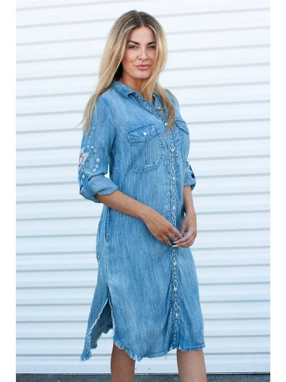 Karyn Seo Floral Embroidered Long Sleeve Button Front Denim Dress - Picture 2 of 5